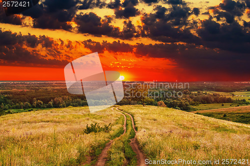 Image of road landscape sunset summer nature field sky rural green sunris