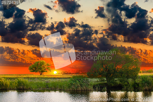 Image of sunset river sky summer tree landscape nature forest reflection