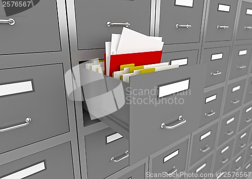 Image of File cabinet with an open drawer.