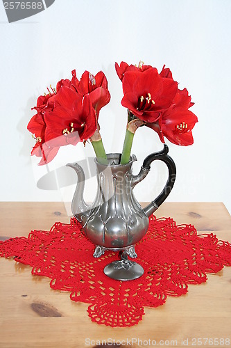 Image of Amaryllis in antique pewter jug