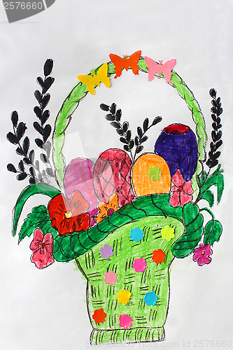 Image of Children's drawing with eggs of different colors