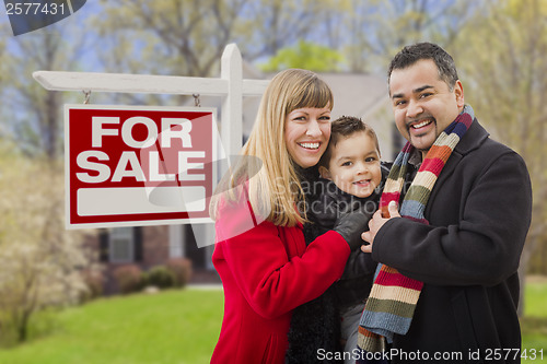 Image of Mixed Race Family, Home and For Sale Real Estate Sign