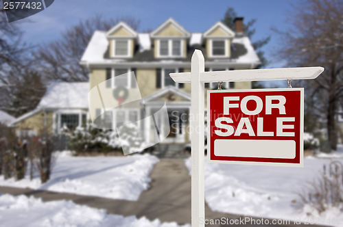 Image of Home For Sale Sign in Front of Snowy New House