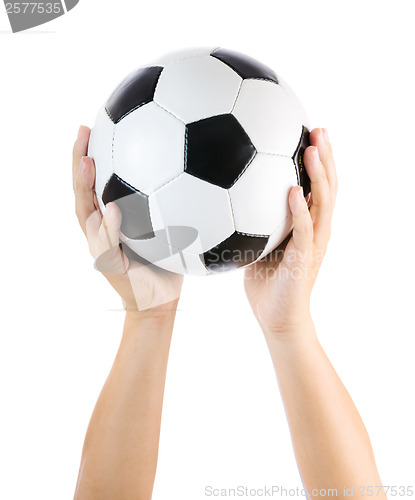 Image of Hands holding soccer ball up isolated on white