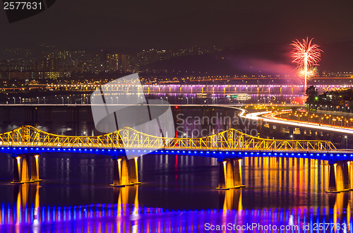 Image of Seoul city night with firework