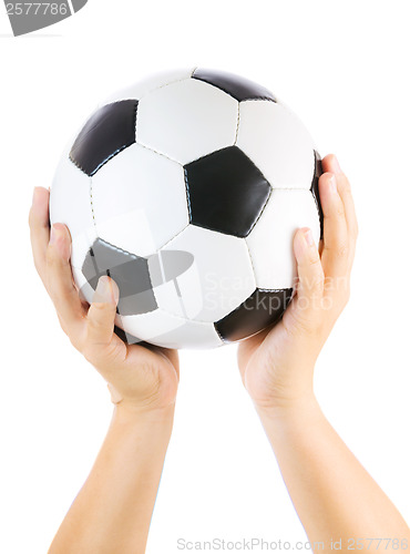 Image of Hands holding soccer ball up isolated on white