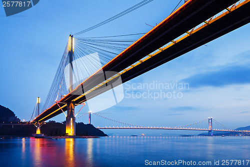 Image of Suspension bridge in Hong Kong at night 