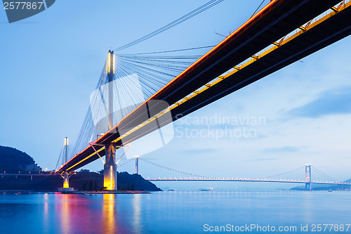 Image of Suspension bridge in Hong Kong at night