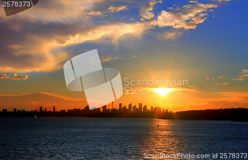 Image of Sun setting over Sydney Harbour with City silhouette