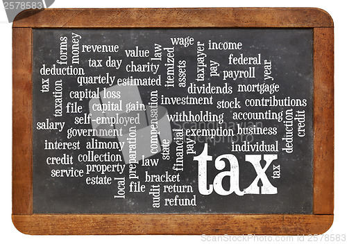 Image of tax  word cloud on blackboard