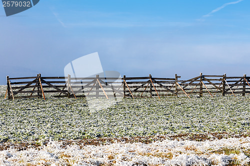 Image of winter background with frost grass and snowdrift barrier