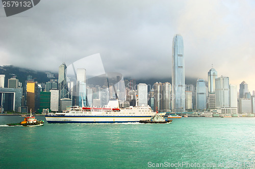 Image of Hong Kong harbor, business center and ferry