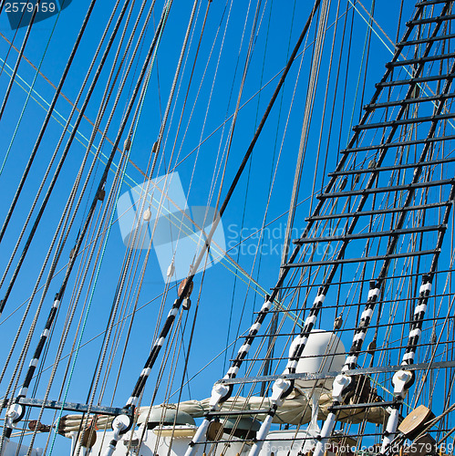 Image of Blocks and rigging at the old sailboat, close-up