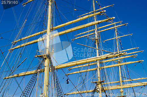 Image of Mast with sails of an old sailing vessel