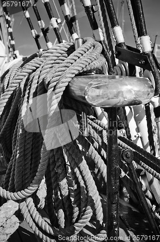 Image of The ropes braided in bays on an ancient sailing vessel