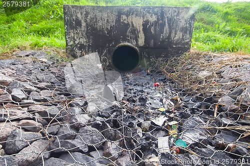 Image of environmental pollution. engine oil from a pipe