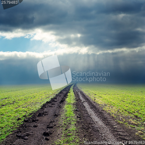 Image of road in green field to low clouds in horizon