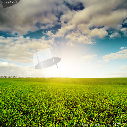 Image of cloudy sunset and green agricultute field