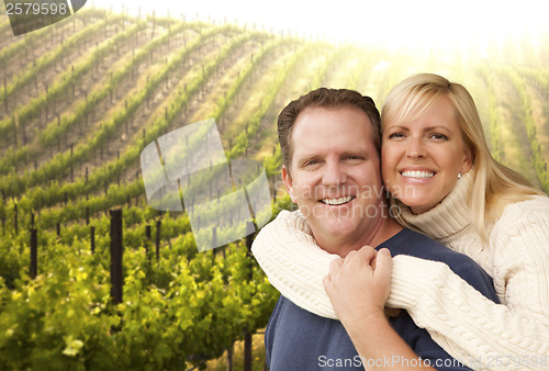 Image of Happy Affectionate Couple at Beautiful Wine Vineyard