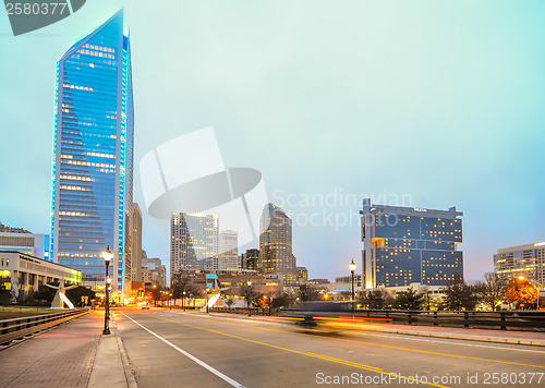 Image of charlotte skyline view from a highway overpass bridge