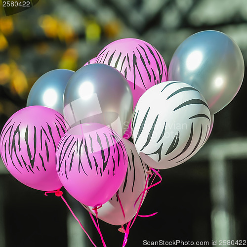 Image of pink and white zebra balloons at breast cancer awareness