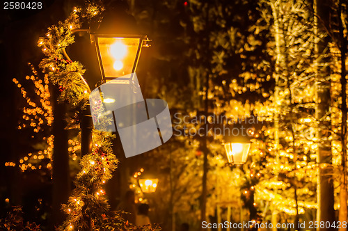 Image of street lights decorated for christmas