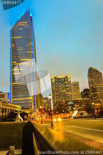 Image of charlotte skyline view from a highway overpass bridge