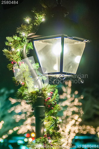 Image of street lights decorated for christmas