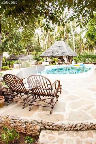 Image of Chairs on swimming pool border