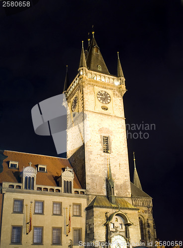 Image of Old Town Hall Tower and Astronomical Clock at night Prague Czech