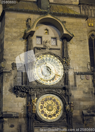 Image of Old Town Hall Tower and Astronomical Clock at night Prague Czech