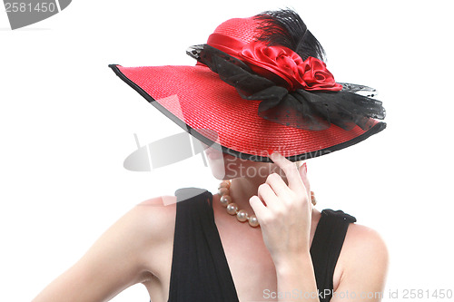 Image of Lady Wearing a Red Hat on White Background