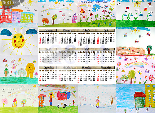 Image of calendar for 2014 year with children's drawings