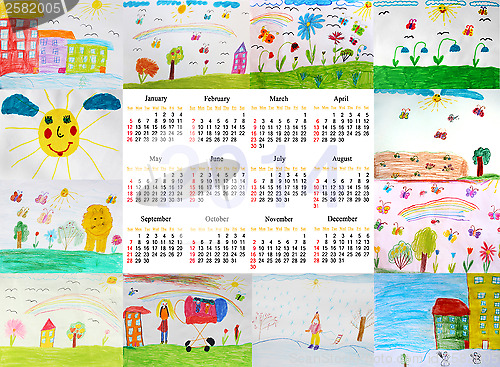 Image of calendar for 2014 year with children's drawings