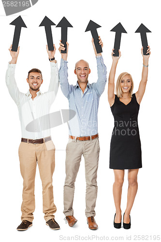 Image of happy people showing up black arrows isolated 