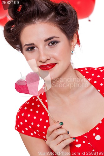 Image of smiling young attractive girl woman with red lips isolated