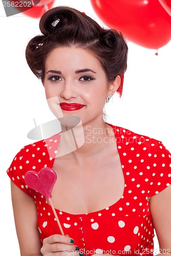 Image of smiling young attractive girl woman with red lips isolated