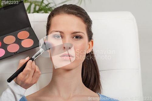 Image of apllying powder rouge make up on face portrait