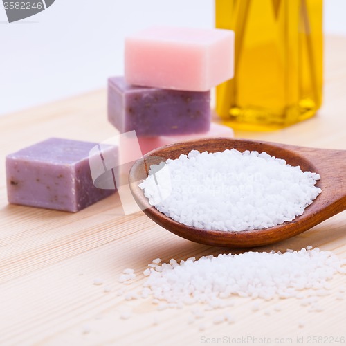 Image of welnness spa objects soap and bath salt closeup