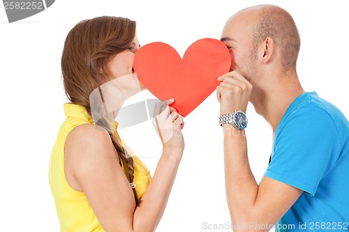 Image of happy young couple in love with red heart valentines day 