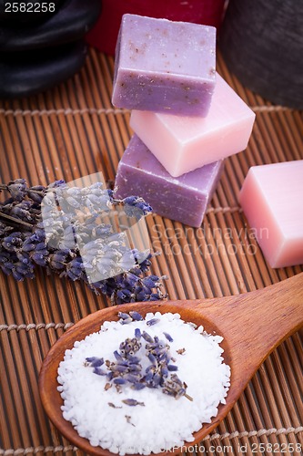 Image of handmade lavender soap and bath salt wellness spa 