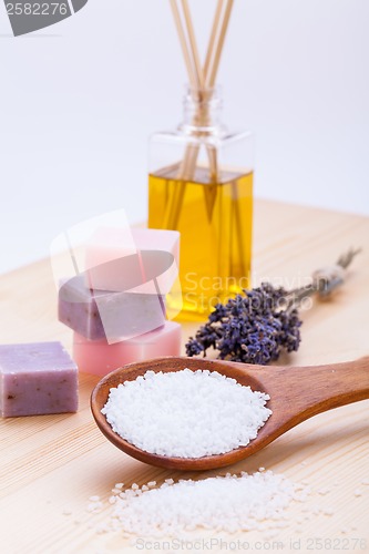 Image of welnness spa objects soap and bath salt closeup