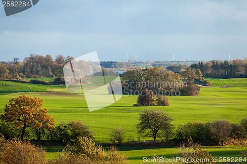 Image of beautiful landscape of green farmland and blue sky