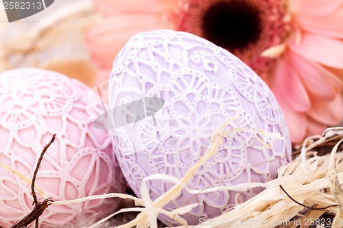 Image of Beautiful Easter eggs in crocheted covers