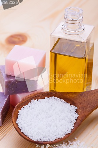 Image of welnness spa objects soap and bath salt closeup