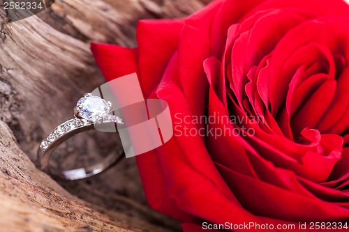 Image of beautiful ring on wooden background and red rose