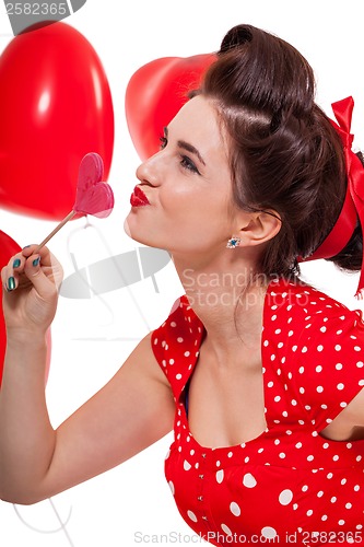 Image of smiling young attractive girl woman with red lips isolated