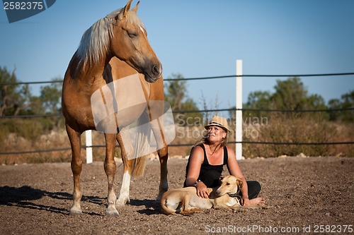 Image of young woman training horse outside in summer