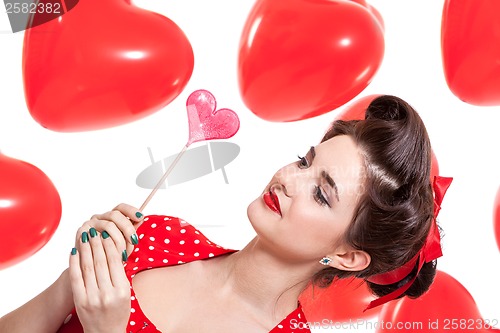 Image of smiling young attractive girl woman with red lips isolated