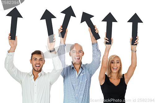Image of happy people showing up black arrows isolated 